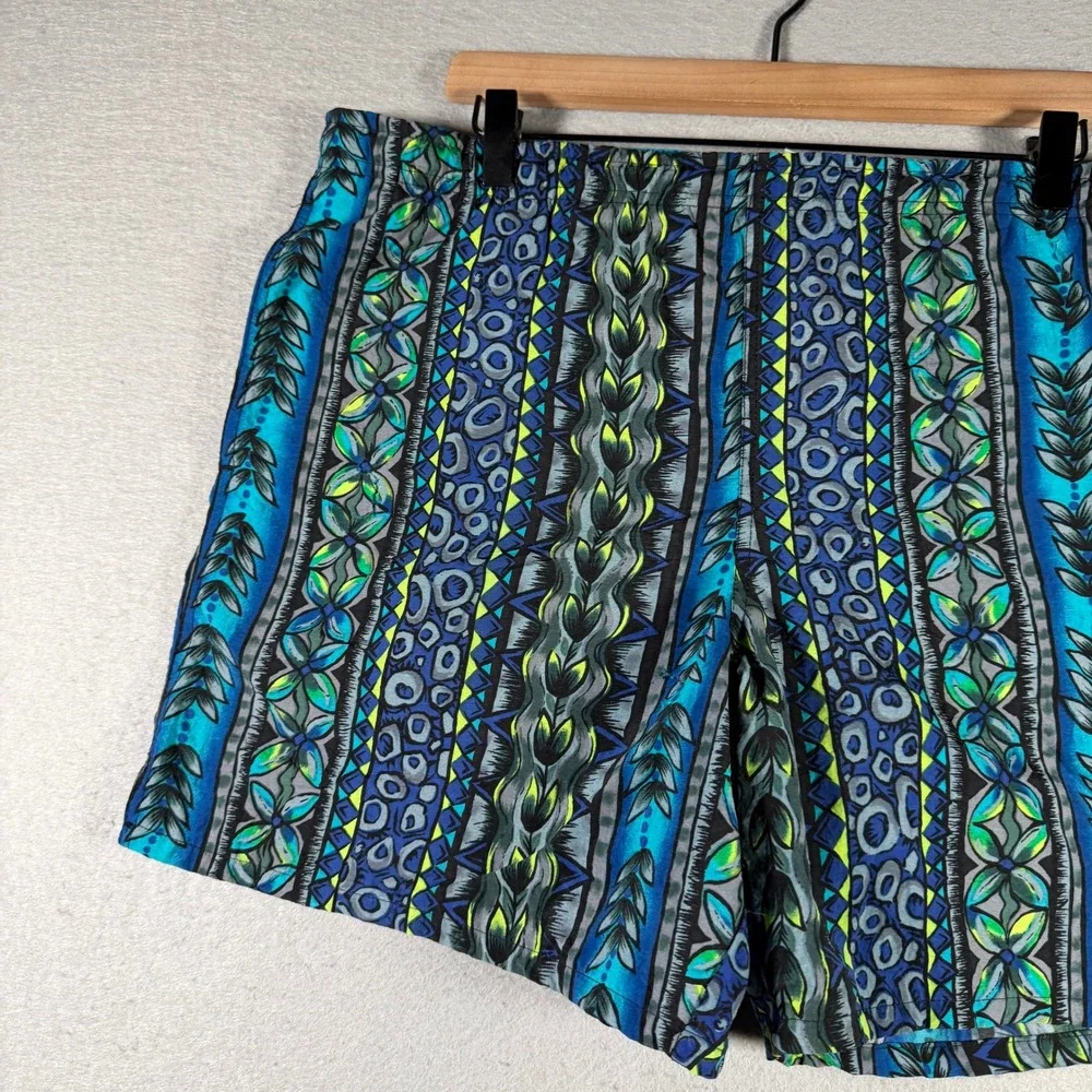 Speedo Mens Vintage Tribal Geometric Print Swim Trunks Blue Teal XL 90's